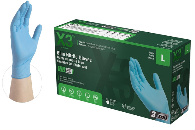Ammex X346100 Non-Sterile Disposable Gloves, L, Nitrile, Powder-Free, Blue