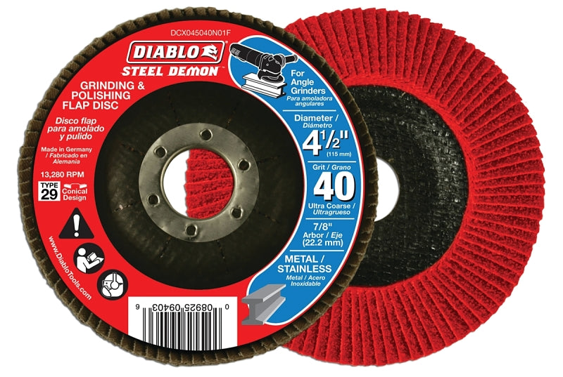 Diablo Steel Demon DCX045040N01F Flap Disc, 4-1/2 in Dia, 7/8 in Arbor, 40 Grit, Ultra Coarse, Pack of 5