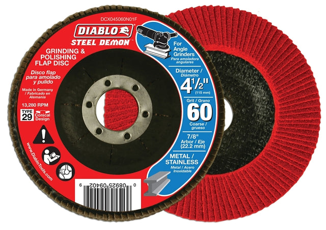 Diablo Steel Demon DCX045060N01F Flap Disc, 4-1/2 in Dia, 7/8 in Arbor, 60 Grit, Coarse, Zirconia Abrasive, Pack of 5