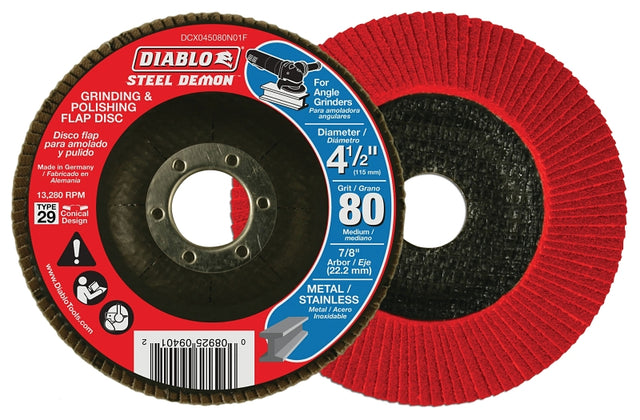 Diablo Steel Demon DCX045080N01F Flap Disc, 4-1/2 in Dia, 7/8 in Arbor, 80 Grit, Medium, Zirconium Oxide Abrasive, Pack of 5