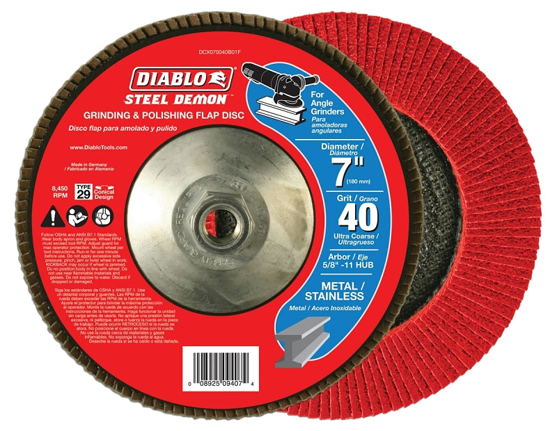 Diablo Steel Demon DCX070040B01F Flap Disc with Hub, 7 in Dia, 5/8-11 Arbor, 40 Grit, Ultra Coarse, Pack of 2