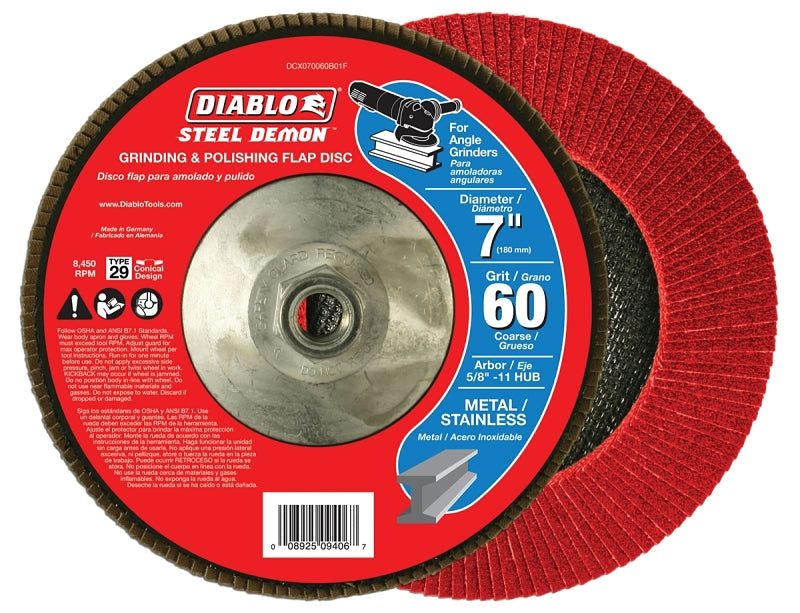 Diablo Steel Demon DCX070060B01F Flap Disc with Hub, 7 in Dia, 5/8-11 Arbor, 60 Grit, Coarse, Zirconia Abrasive