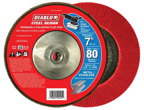 Diablo Steel Demon DCX070080B01F Flap Disc with Hub, 7 in Dia, 5/8-11 Arbor, 80 Grit, Medium, Zirconia Abrasive