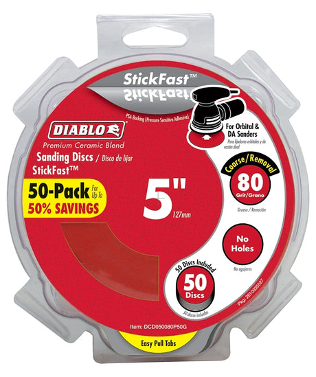 Diablo DCD050080P50G Sanding Disc, 5 in Dia, 80 Grit, Coarse, Ceramic Abrasive, Pressure-Sensitive Adhesive Backing