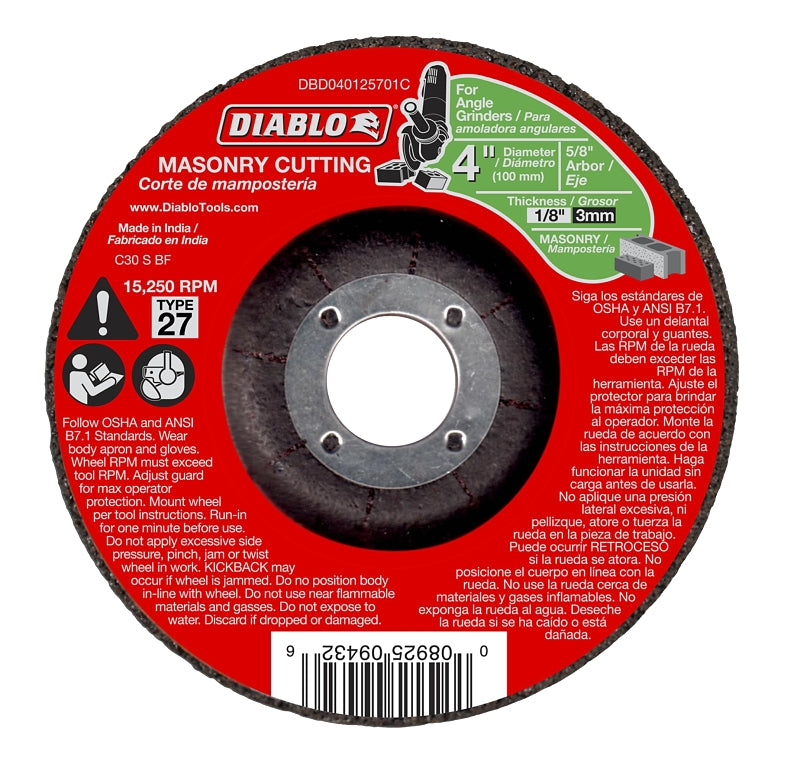 Diablo DBD040125701C Cut-Off Wheel, 4 in Dia, 1/8 in Thick, 5/8 in Arbor, Aluminum Oxide Abrasive