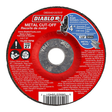 Diablo DBD040125701F Cut-Off Wheel, 4 in Dia, 1/8 in Thick, 5/8 in Arbor, Aluminum Oxide Abrasive