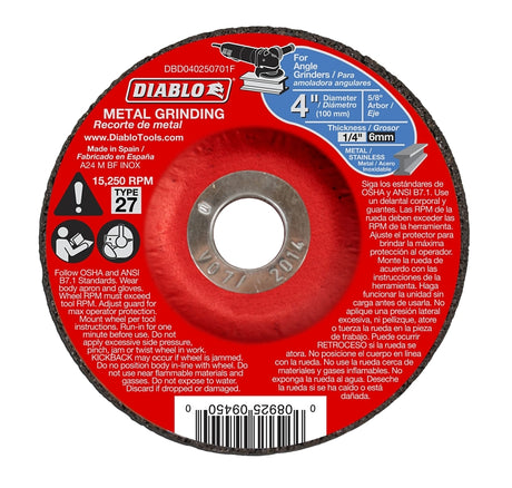 Diablo DBD040250701F Grinding Wheel, 4 in Dia, 1/4 in Thick, 5/8 in Arbor, Aluminum Oxide Abrasive