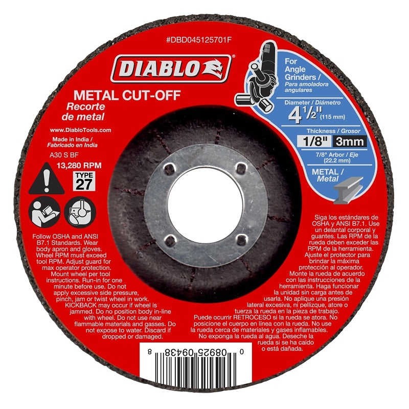 Diablo DBD045125701F Cut-Off Wheel, 4-1/2 in Dia, 1/8 in Thick, 7/8 in Arbor, Aluminum Oxide Abrasive