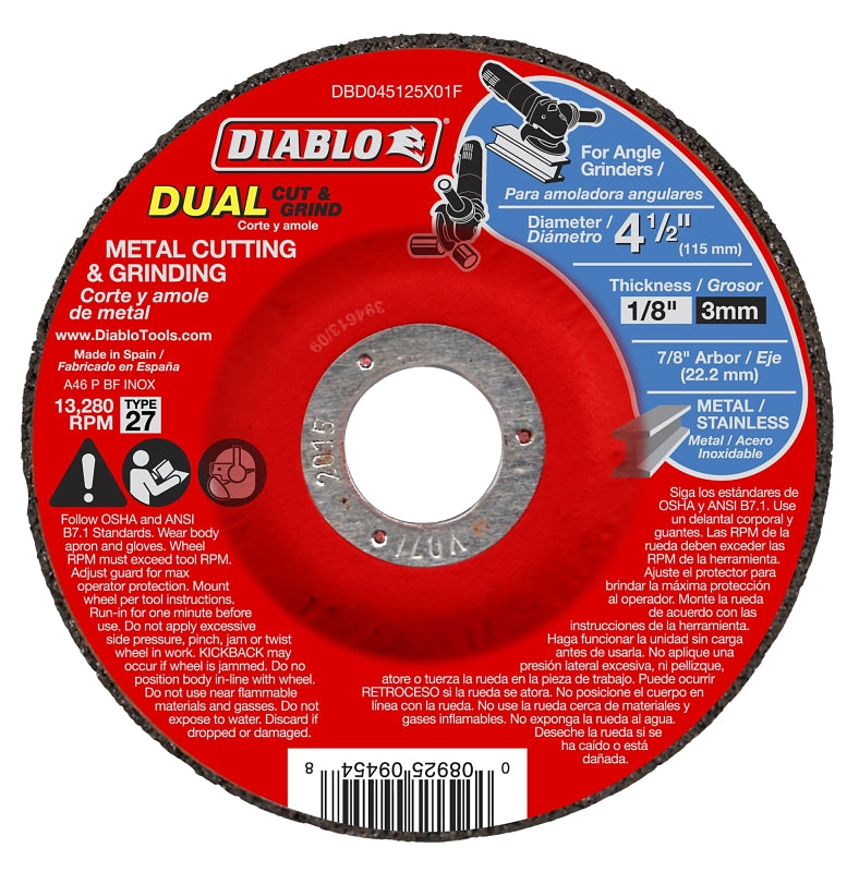 Diablo DBD045125X01F Cut and Grind Wheel, 4-1/2 in Dia, 1/8 in Thick, 7/8 in Arbor, Aluminum Oxide Abrasive