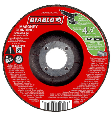 Diablo DBD045250701C Grinding Wheel, 4-1/2 in Dia, 1/4 in Thick, 7/8 in Arbor, Aluminum Oxide Abrasive