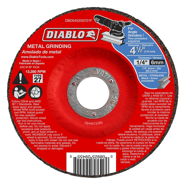 Diablo DBD045250701F Grinding Wheel, 4-1/2 in Dia, 1/4 in Thick, 7/8 in Arbor, Aluminum Oxide Abrasive