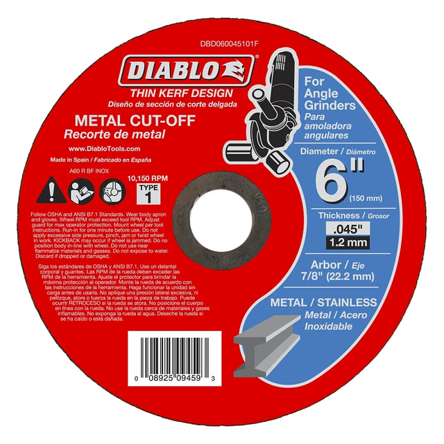 Diablo DBD060045101F Cut-Off Wheel, 6 in Dia, 0.04 in Thick, 7/8 in Arbor, Aluminum Oxide Abrasive