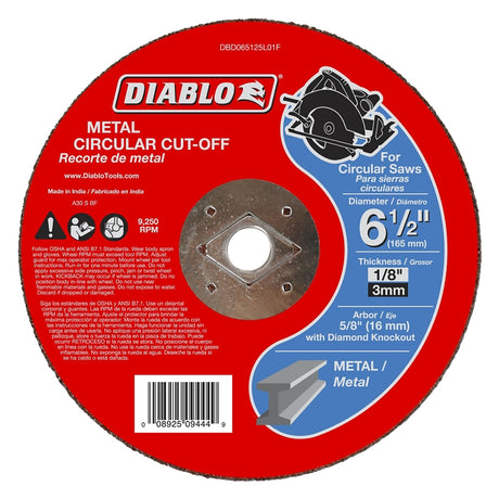 Diablo DBD065125L01F Cut-Off Wheel, 6-1/2 in Dia, 1/8 in Thick, 5/8 in Arbor, Aluminum Oxide Abrasive