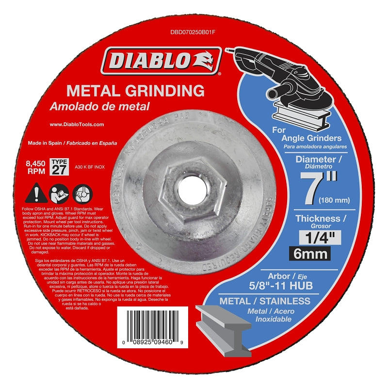 Diablo DBD070250B01F Grinding Wheel, 7 in Dia, 1/4 in Thick, 5/8-11 in Arbor, Aluminum Oxide Abrasive