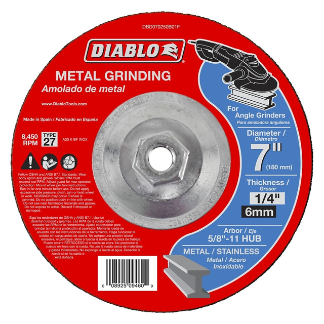 Diablo DBD070250B01F Grinding Wheel, 7 in Dia, 1/4 in Thick, 5/8-11 in Arbor, Aluminum Oxide Abrasive