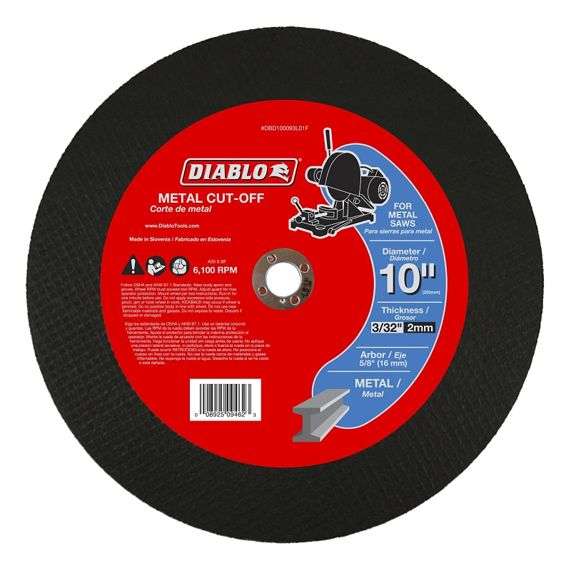 Diablo DBD100093L01F Cut-Off Disc, 10 in Dia, 3/32 in Thick, 5/8 in Arbor, Aluminum Oxide Abrasive