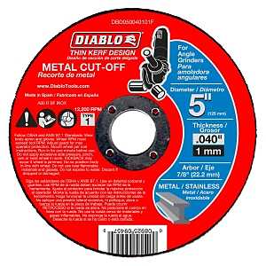 Diablo DBD050040101F Cut-Off Wheel, 5 in Dia, 0.04 in Thick, 7/8 in Arbor, Aluminum Oxide Abrasive