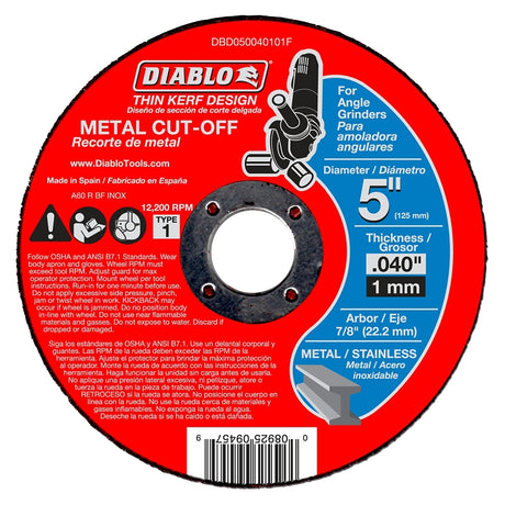 Diablo DBD050040101F Cut-Off Wheel, 5 in Dia, 0.04 in Thick, 7/8 in Arbor, Aluminum Oxide Abrasive