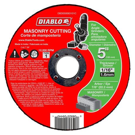 Diablo DBD050063101C Cut-Off Wheel, 5 in Dia, 1/16 in Thick, 7/8 in Arbor, Aluminum Oxide Abrasive