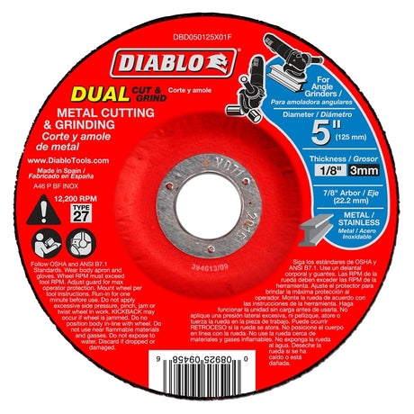 Diablo DBD050125X01F Cut and Grind Wheel, 5 in Dia, 1/8 in Thick, 7/8 in Arbor, Aluminum Oxide Abrasive