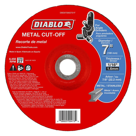 Diablo DBD070063701F Cut-Off Wheel, 7 in Dia, 1/16 in Thick, 7/8 in Arbor, Aluminum Oxide Abrasive