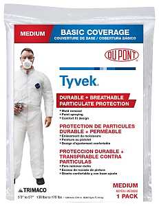 Trimaco 14121 Professional Painter's Coveralls, M, Zipper Closure, Tyvek, White