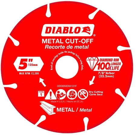 Diablo DDD050DIA101F Cut-Off Blade, 5 in Dia, 7/8 in Arbor, Continuous Rim