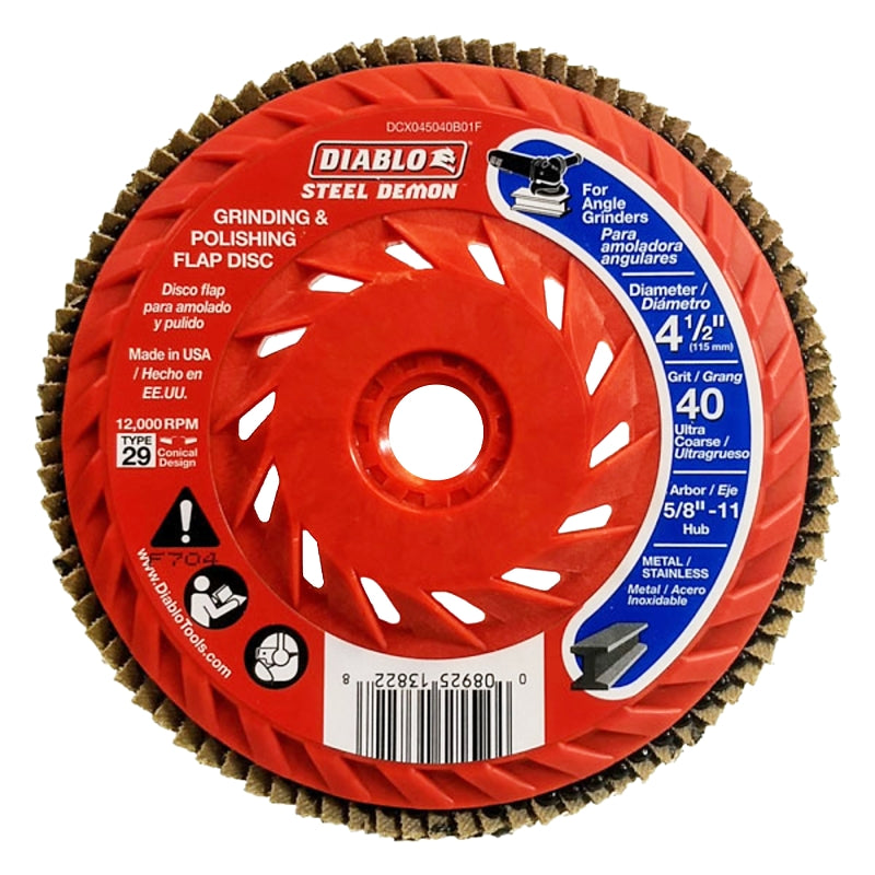 Diablo DCX045040B01F Flap Disc, 4-1/2 in Dia, 5/8-11 Arbor, 40 Grit, Ultra Coarse, Zirconium Abrasive