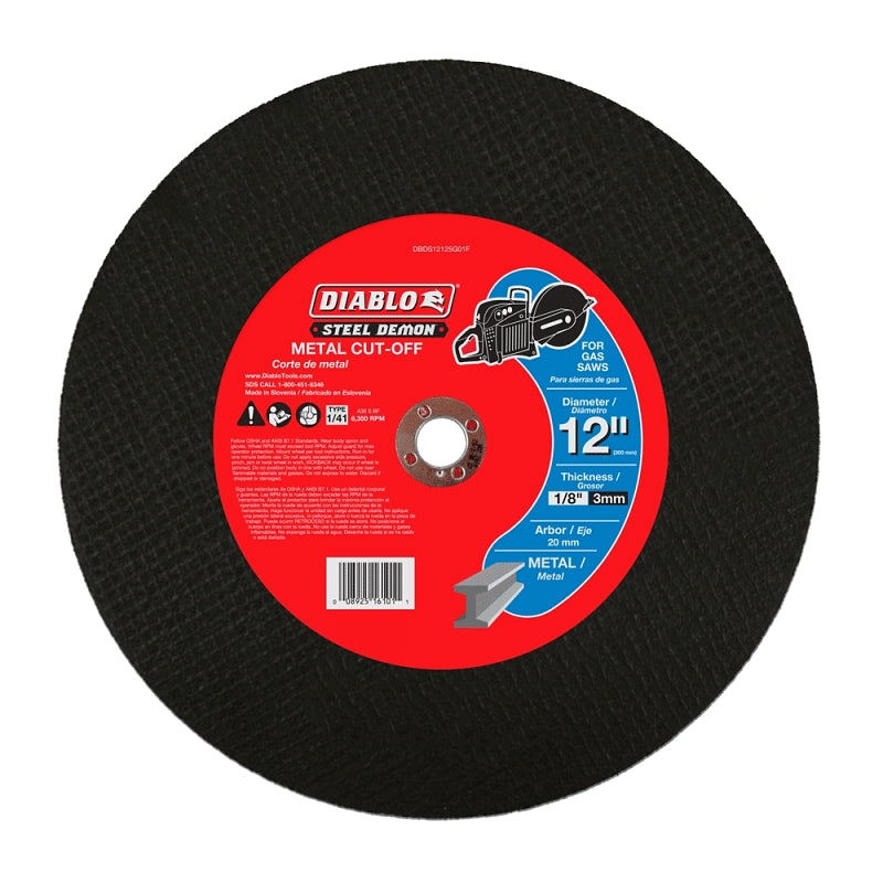 Diablo Steel Demon DBDS12125G01F High-Speed Cut-Off Disc, 12 in Dia, 1/8 in Thick, 20 mm Arbor, Ceramic Abrasive