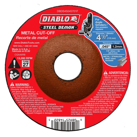 Diablo Steel Demon DBDS45045701F Cut-Off Disc, 4-1/2 in Dia, 0.045 in Thick, 7/8 in Arbor, Ceramic Abrasive, 1/PK