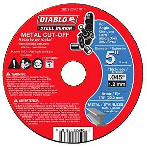 Diablo Steel Demon DBDS50045101F Cut-Off Disc, 5 in Dia, 0.045 in Thick, 7/8 in Arbor, Ceramic Abrasive