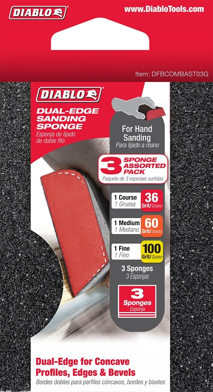 Diablo DFBCOMBAST03G Sanding Sponge Assortment, 4 in L, 2-1/2 in W, 36, 60, 100 Grit, Fine, Medium, Ultra-Coarse