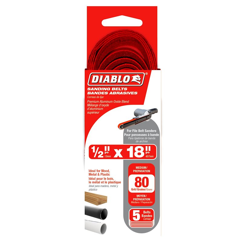 Diablo DCB518080S05G Sanding Belt, 1/2 in W, 18 in L, 80 Grit, Medium, Zirconium Abrasive