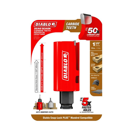 Diablo Demo Demon DHS1375CTR Hole Saw, 1-3/8 in Dia, 2-3/8 in D Cutting, 1-5/8 in Arbor, Carbide Cutting Edge