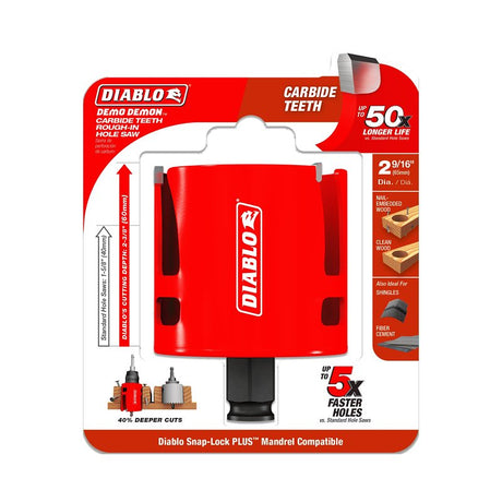 Diablo Demo Demon DHS2563CTR Hole Saw, 2-9/16 in Dia, 2-3/8 in D Cutting, 1-5/8 in Arbor, Carbide Cutting Edge