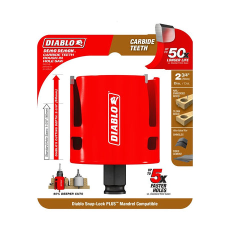 Diablo Demo Demon DHS2750CTR Hole Saw, 2-3/4 in Dia, 2-3/8 in D Cutting, 1-5/8 in Arbor, Carbide Cutting Edge