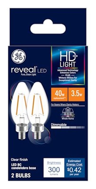 GE 31889 LED Bulb, Decorative, E12 Lamp Base, Dimmable, Clear, Soft White Light, 2850 K Color Temp