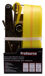 ProSource FH64065 Tie-Down, 2 in W, 27 ft L, Polyester Webbing, Metal Ratchet, Yellow, 3333 lb, Flat Hook End Fitting