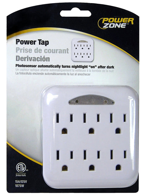 PowerZone OR801105 Outlet Tap, 125 V, 6-Outlet, White