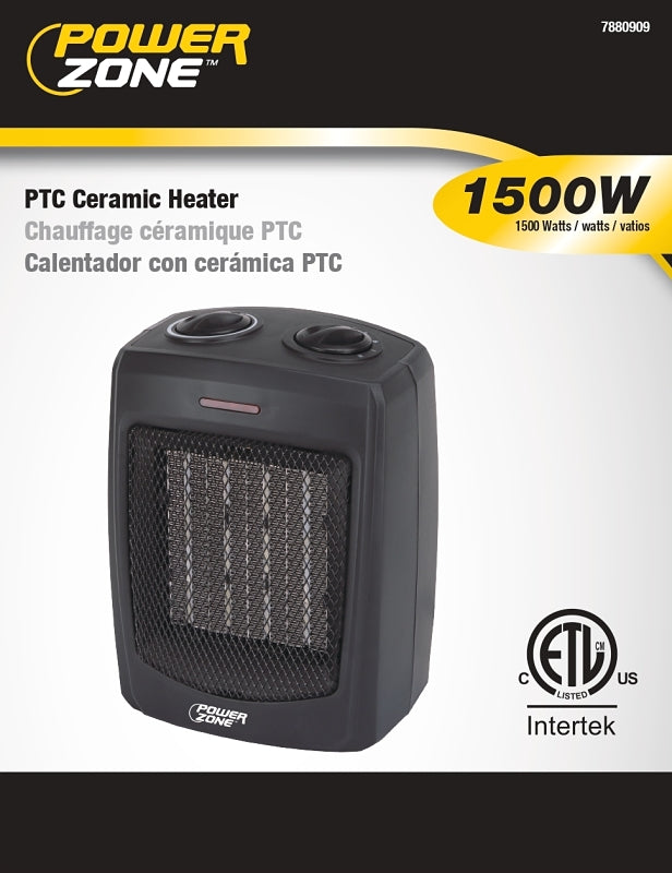 PowerZone PTC-700 Portable Electric Heater, 12.5 A, 120 V, 1500 W, 1500W Heating, 2 -Heat Setting, Black