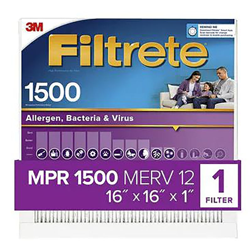 Filtrete 2016DC-4 Allergen, Bacteria & Virus Air Filter, 1500 MPR, 2016DC-4, 16 in x 16 in x 1 in, Pleated, MERV 12, Pack of 4