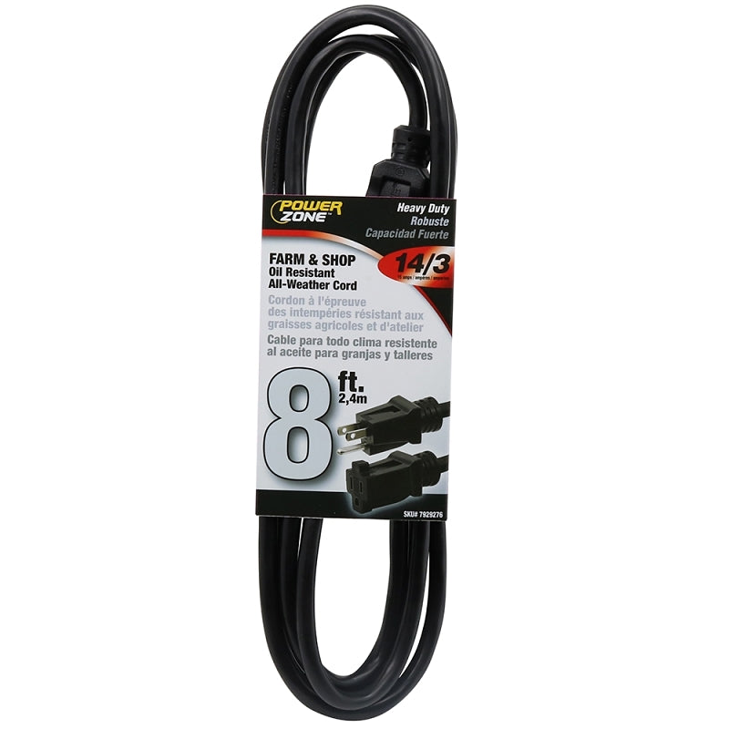 PowerZone OR532708 Extension Cord, 8 ft L, Black