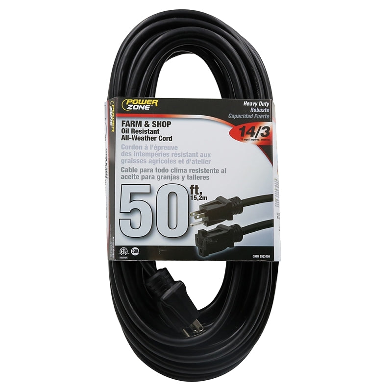 PowerZone OR532730 Extension Cord, 50 ft L, Black