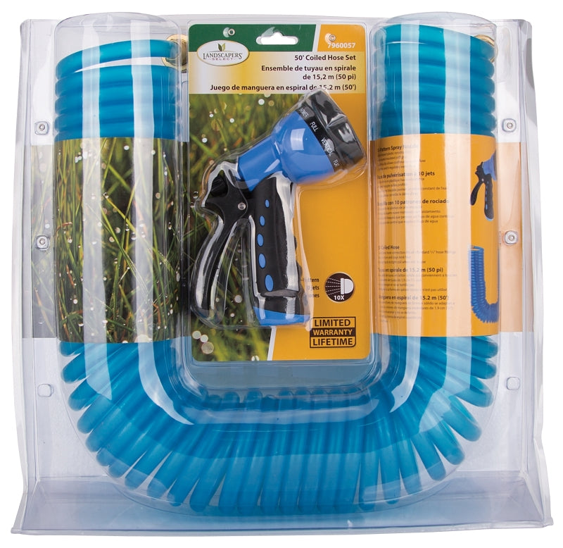 Landscapers Select GT-445030 Coil Hose with Nozzle Set, 50 ft L, Female x Male, PVC, Blue