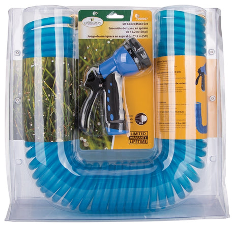 Landscapers Select GT-445030 Coil Hose with Nozzle Set, 50 ft L, Female x Male, PVC, Blue