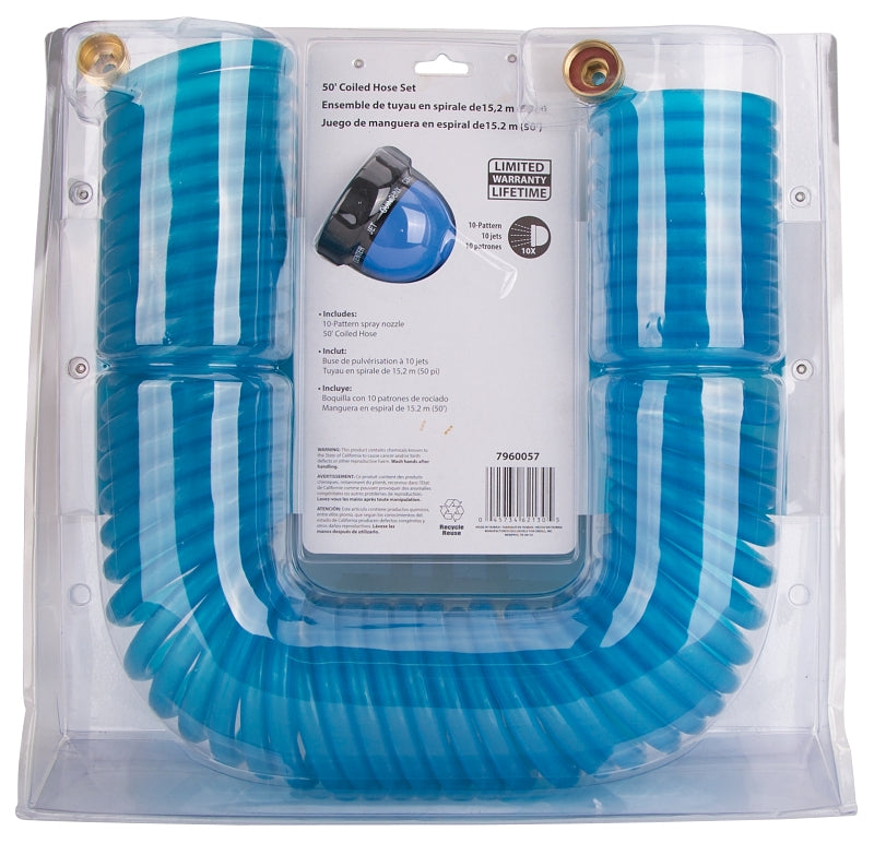 Landscapers Select GT-445030 Coil Hose with Nozzle Set, 50 ft L, Female x Male, PVC, Blue