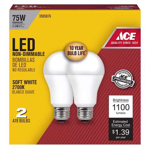 Ace A19 E26 (Medium) LED Bulb Soft White 75 Watt Equivalence 2 pk, Pack of 6