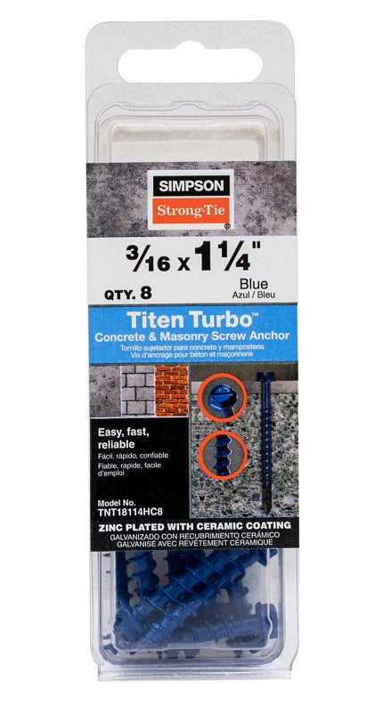 Simpson Strong-Tie Titen Turbo TNT18114HC8 Screw Anchor, 3/16 in Dia, Carbon Steel, Ceramic-Coated/Zinc, 8/PK