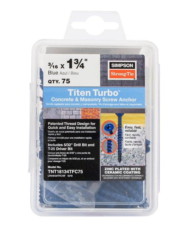 Simpson Strong-Tie Titen Turbo TNT18134TFC75 Screw Anchor, 3/16 in Dia, 1-3/4 in L, Carbon Steel, Flat Head, 75/PK