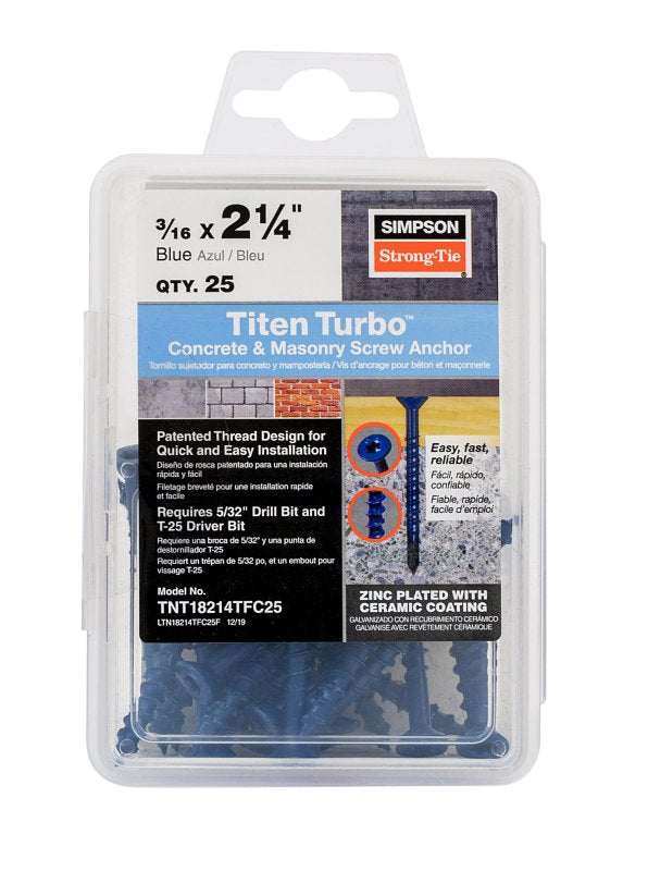 Simpson Strong-Tie Titen Turbo TNT18214TFC25 Screw Anchor, Carbon Steel, Ceramic-Coated/Zinc, 3/16 in Dia, 2-1/4 in L